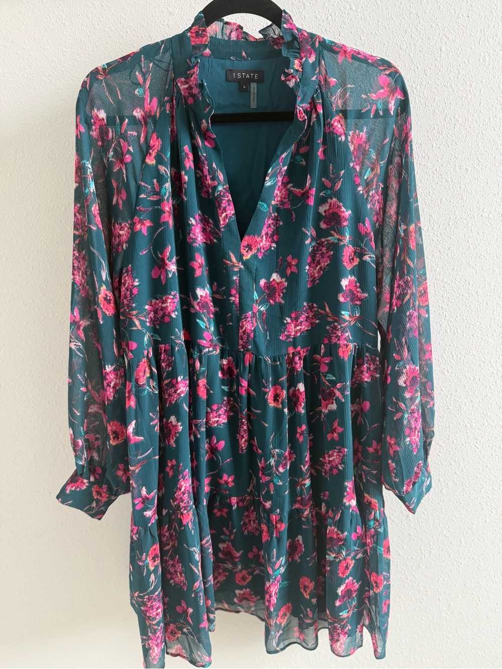 1. State Teal Dress with Pink Floral Print V-Neck Long Sleeve